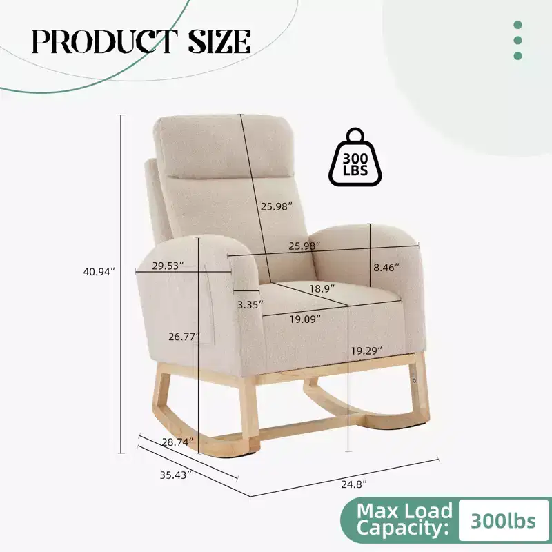Modern Upholstered Rocking Chair Glider w/ High Backrest & Headrest, Wingback Accent Armchair w/ Side Pockets & Wood Legs for Nursery, Lounge