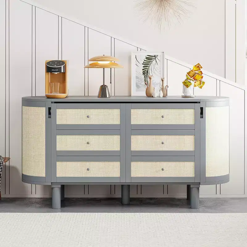 Full/Queen Rattan Murphy Bed Wall Bed with Storage, Wood Cabinet Bed Folding Wall Bed for Guest Room Office
