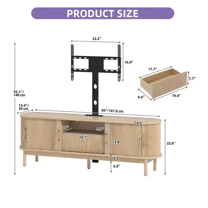 Fluted TV Stands with Mount, LED Entertainment Center for 75 Inch TVs, Curved TV Stand with Power Outlets & LED Light for Living Room,Natural Oak