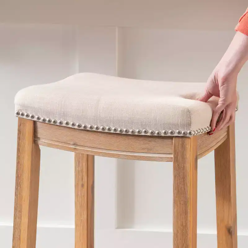Counter Height Barstool Rustic Brown Natural Linen Upholstered Backless