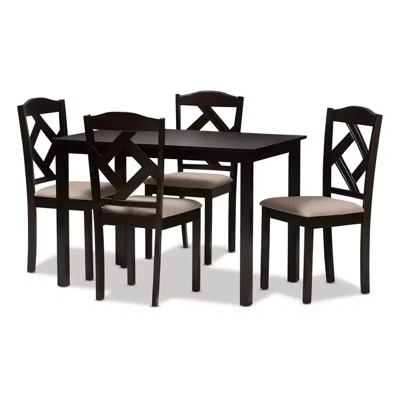 5pc Ruth Modern And Contemporary Fabric Upholstered And Finished Dining Set Dark Brown/ Beige - Baxton Studio: Rectangle Table, Polyester Chairs