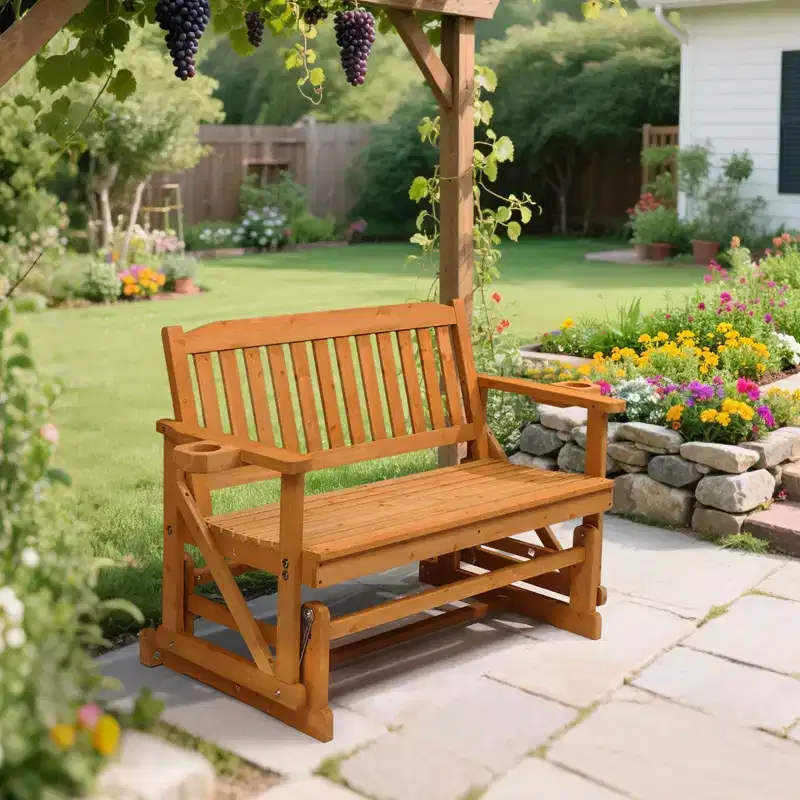 Karl Home | Double-Seat Fir Wood Patio Glider Bench with Vertical Slat Backrest