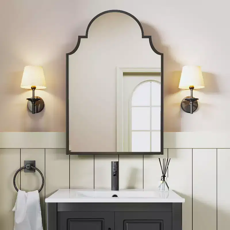 Black / Gold Scalloped Arched Wall Mirror Cabinet, 30x20 In, Single