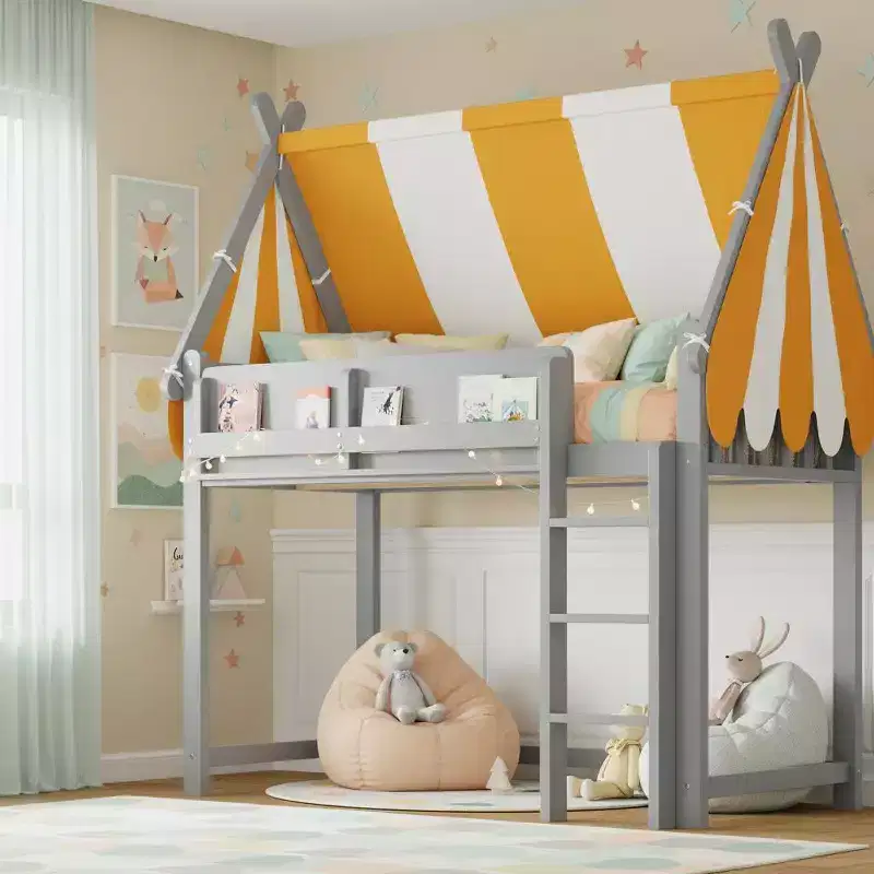 Polibi Canopy Loft Bed with LED String Lights & Front Bookshelf
