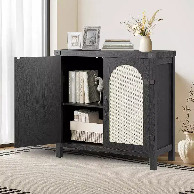 Rattan-Accent Buffet Cabinet with Storage, Adjustable Shelves Sideboard, Synthetic Rattan Doors Storage Cabinet for Living Room, Dining Room