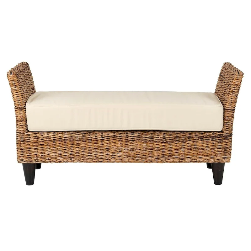 Natural Woven Abaca Bench with Cream Cushion, 1-Seat