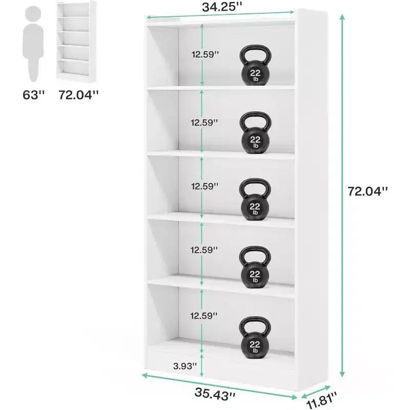 6-Tier Tall Bookcase, 71 Inches Bookshelves and Bookcases, Floor Standing 5 Shelf Library Bookcase for Home Office, Living Room, Bedroom