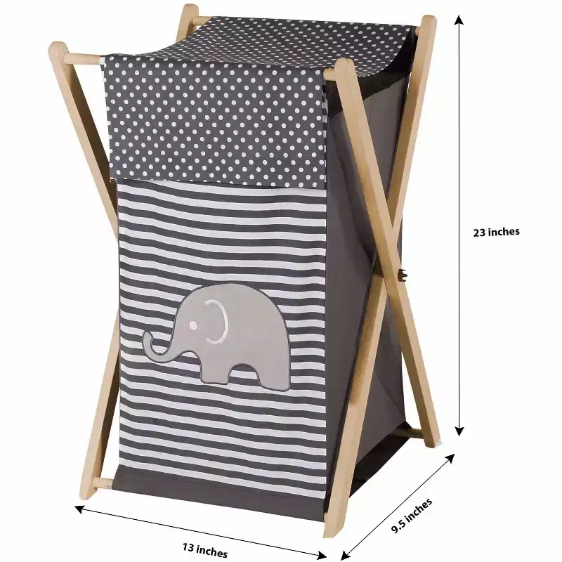 Elephants White/Gray Kids Laundry Hamper with Wooden Frame, Collapsible Cotton