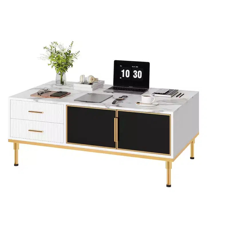 Whizmax Faux Marble Coffee Table - Modern Living Room Table with 4 Drawers & Glass Doors, Fluted Panel Design