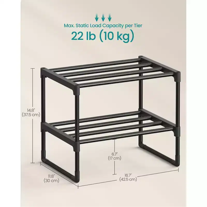 2-Tier Stackable Shoe Rack, 14.8 Inch Metal Shoe Organizer with 22 lb per Tier Capacity, Upright & Reversible for Entryway, Black
