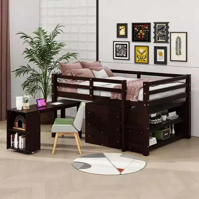 Full Size Low Loft Bed with Rolling Desk, 3 Drawers and Shelves