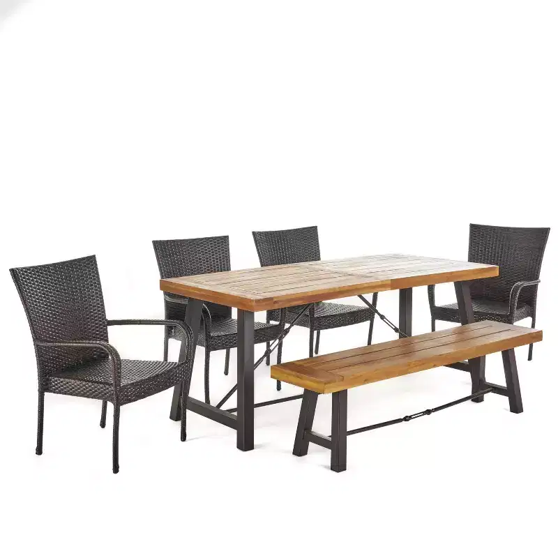 GDFStudio Soltice Outdoor Wicker and Acacia Wood 6 Piece Dining Set with Bench