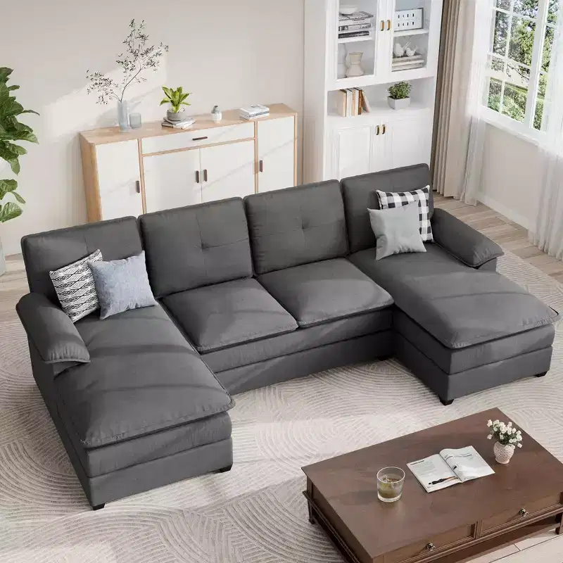 Celebalcony 3-Piece Upholstered Sectional with Chaise. 110 U-Shaped Sofa 4-seat Modular Sofa Large Couch with Ottoman for Living Room
