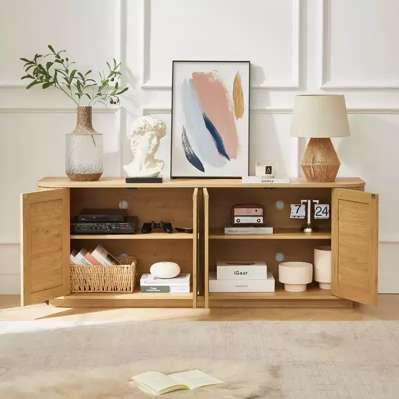 JVNOXK 64-inch Wave-Front Rattan TV Console with Rounded Corners, Natural Finish, Suitable for Kitchen/Entrance Hall.64W  15D  24H