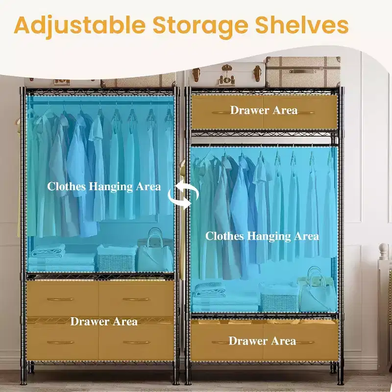 Freestanding Heavy-Duty Clothes Rack with 4 Fabric Drawers, Adjustable Shelves & Hanging Rod, Space-Saving Garment Organizer, 71.5 H