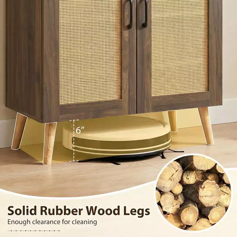 Costway Rattan Shoe Cabinet with 3 Removable Shelves,5-Tier Narrow Cabinet Wood Legs, Walnut/Natural