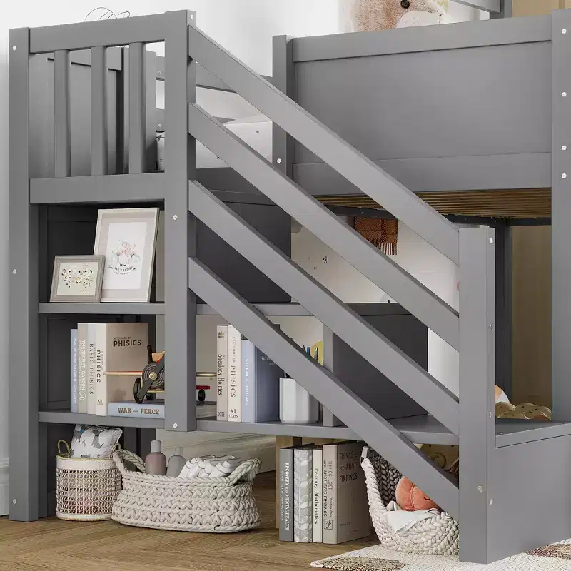 Wood Twin Loft Bed with Slide, Removable Desk & Storage Stairs