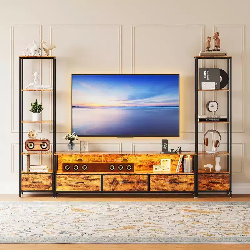 TV Stand for 65-Inch TVs with Bookshelves, LED Lights & Power Outlets, 5 Fabric Drawers