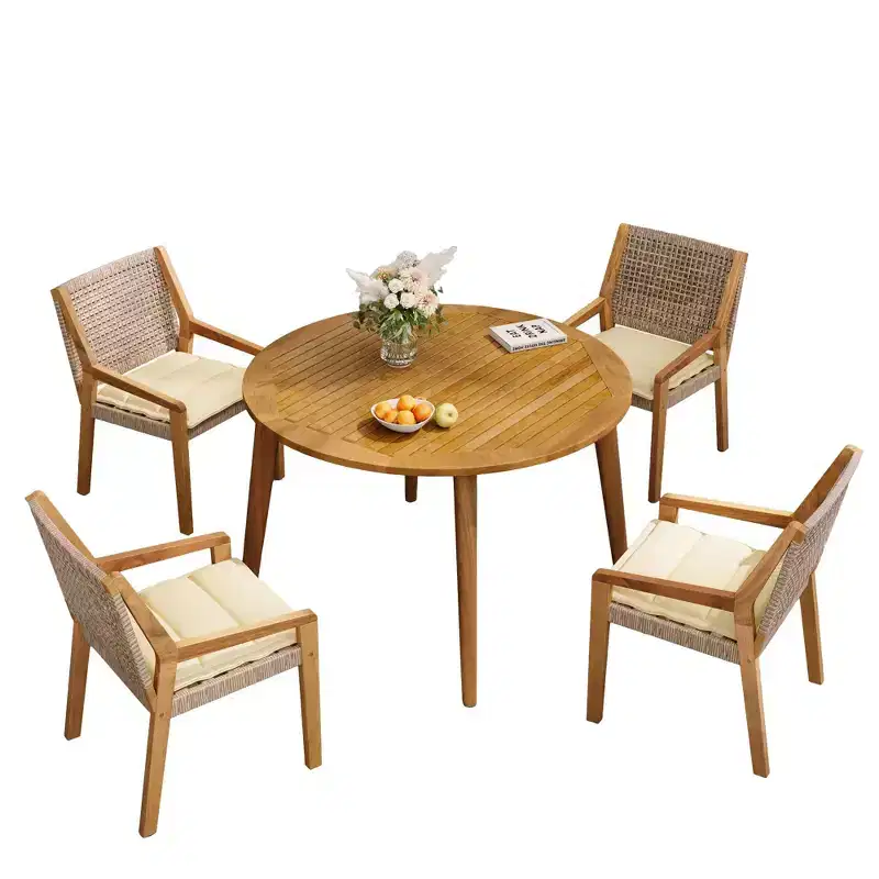 NAYSAYE Patio Dining Sets Outdoor Acacia Wood Table with Wicker Chairs and Cushions for Garden Patio, Brown and Cream, 23.5*21.25*32