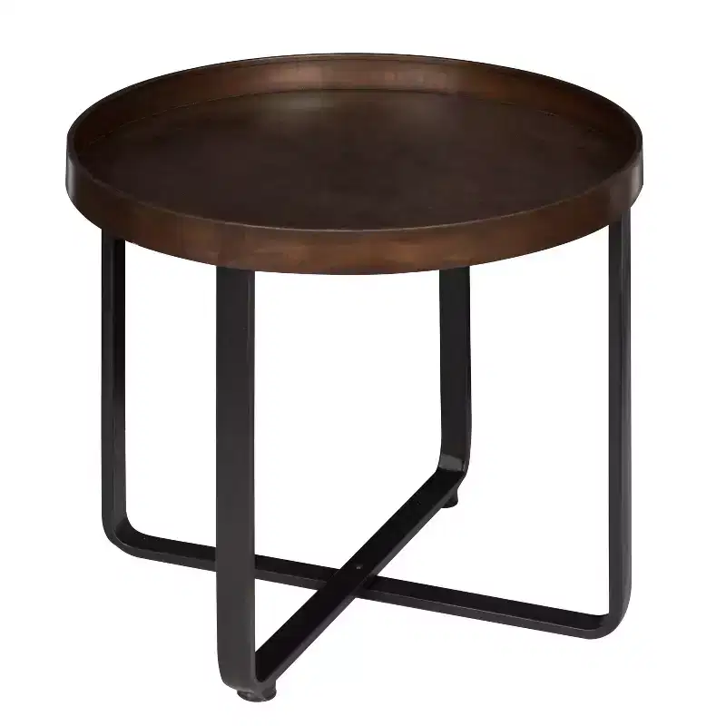 Round Industrial End Table – White Oak Top, Metal X-Frame, 22.5