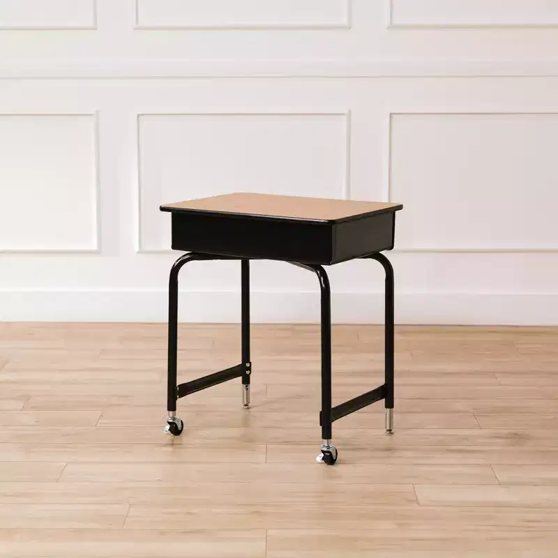 Mobile Open Front Desk with Metal Storage Book Box, Classroom Furniture, Oak