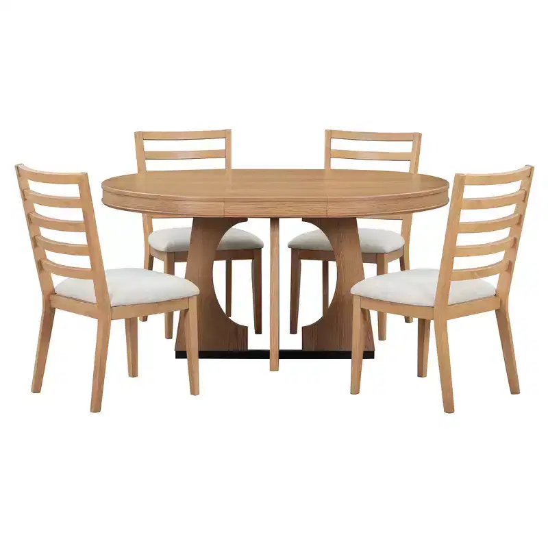 Whisen 5-Piece Retro Rustic Functional Dining Set with 1 Extendable Table and 4 Upholstered Chairs