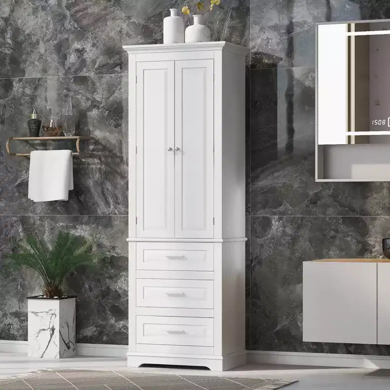 Poppy Modern Tall Wood Bathroom Storage Cabinet with 3 Drawers and Adjustable Shelved Cabinet