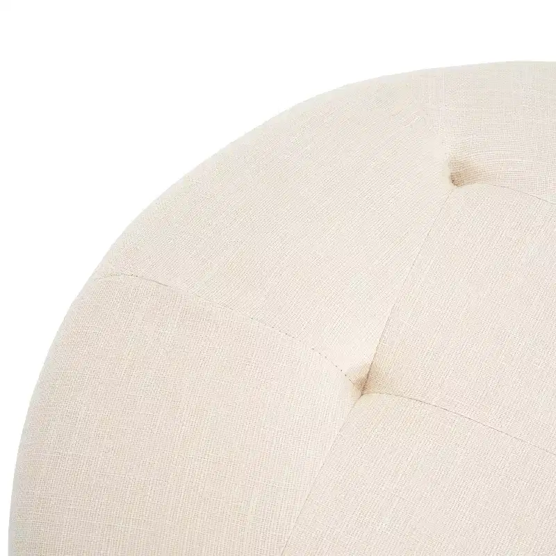 Round Button Tufted Ottoman, PU/Linen Upholstered Footstool with Birch Wood Legs