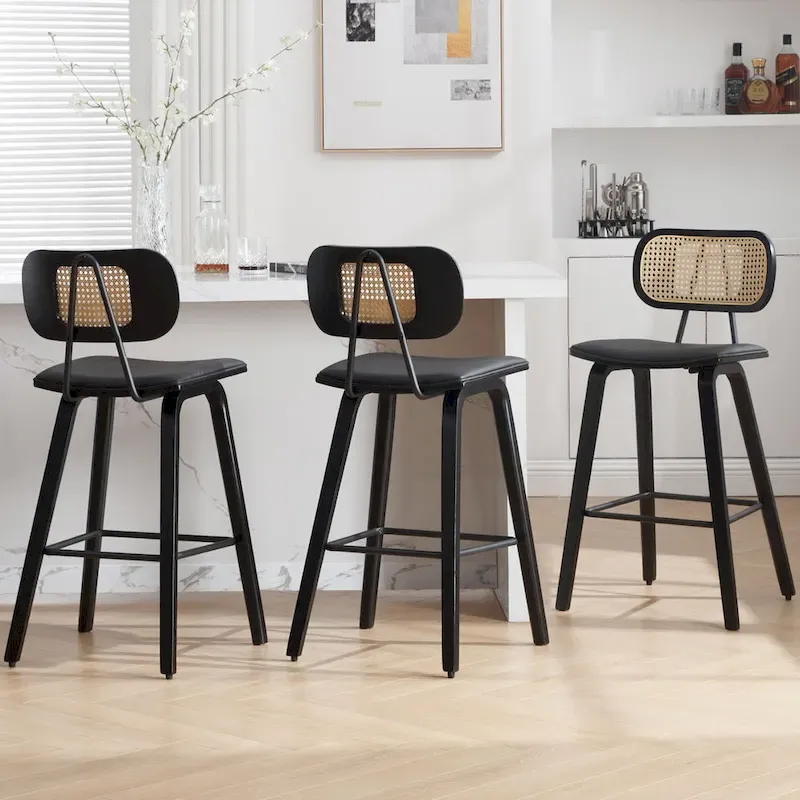 26-inch Wood Counter Height Bar Stools with Rattan Back