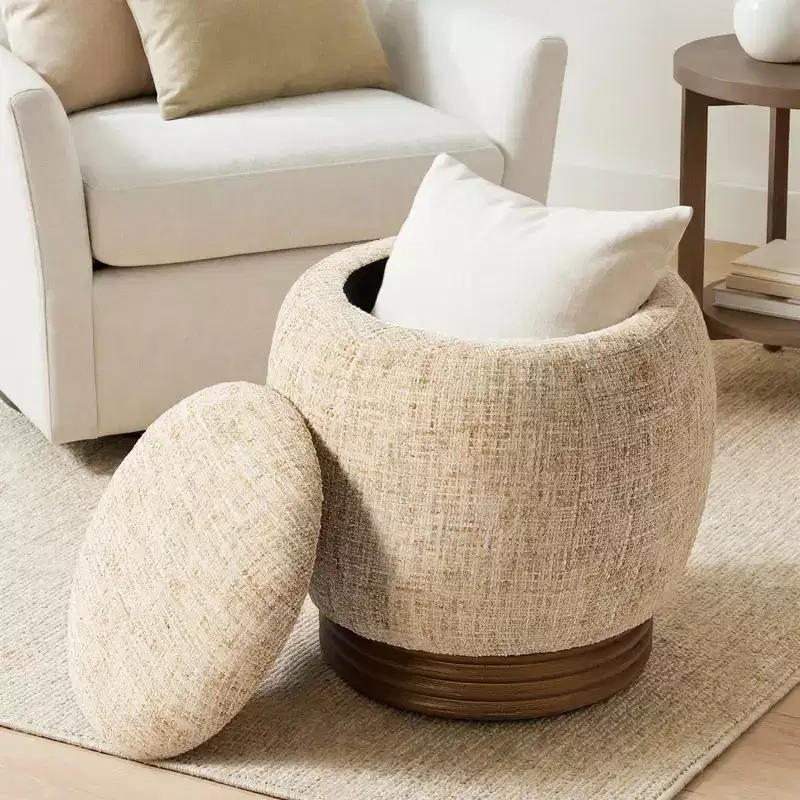 Bekrvio Round Storage Ottoman with Flip-Top Lid,Lambswool/Chenille Upholstered Footrest w/ Solid Acacia Wood Frame(500 lb),Living Room Accent Ottoman