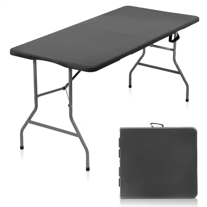 5 Foot Portable Folding Table HDPE Plastic Indoor Outdoor Fold-in-Half Black Seats 6 with Carry Handle