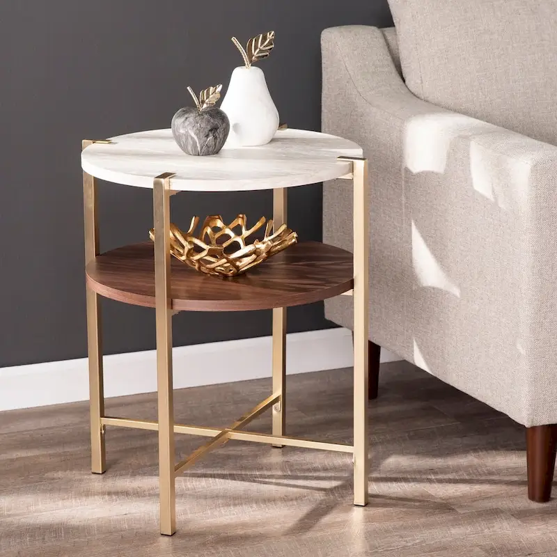 Aldea Modern Round Side Table – Faux Marble Top and Wood Shelf