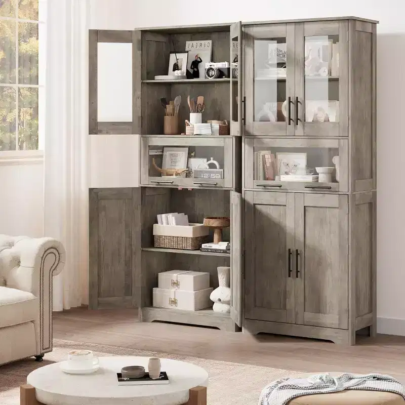 Tall Freestanding Bathroom Floor Cabinet with Doors & Adjustable Shelves – Grey