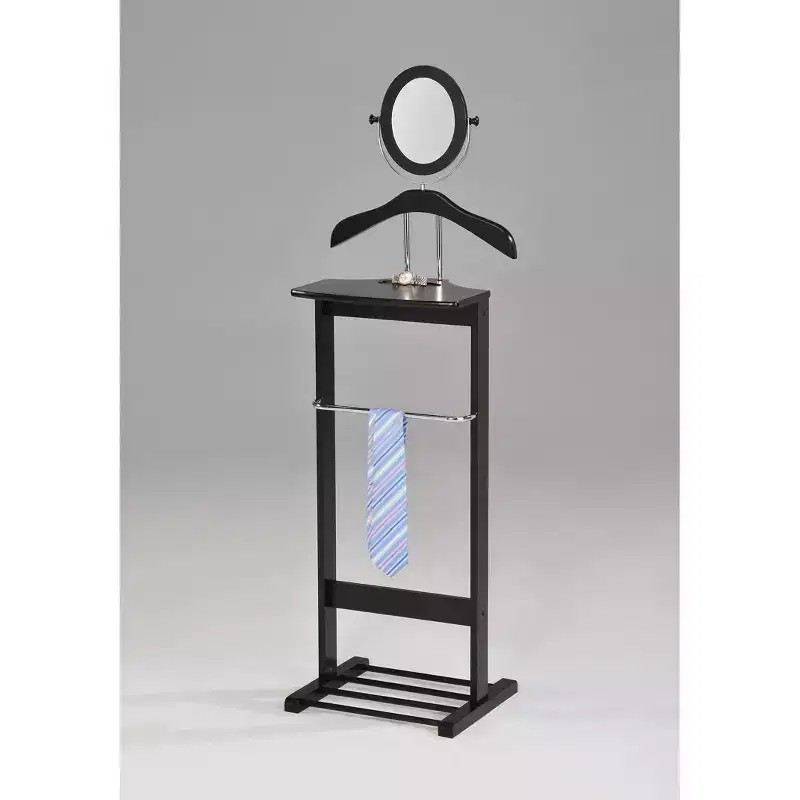 Furniture - Wardrobe Wood Suit Valet Stand, Clothes Trouser Bar Rack, Tie, Belt Hanger and Shoe Rack, Black/Chrome