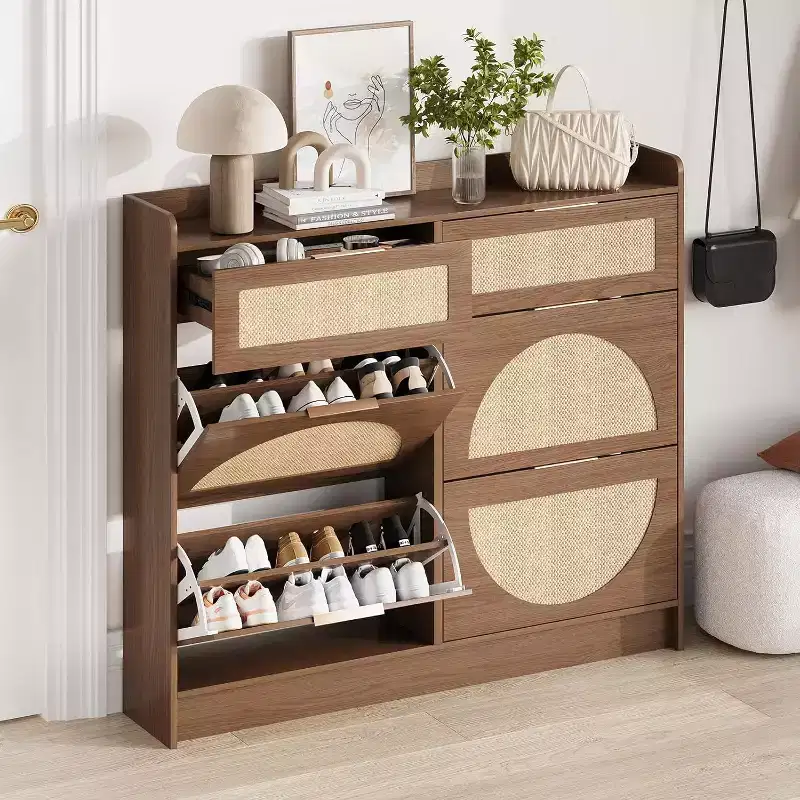 Rattan Shoe Cabinet with 4 Flip Drawers & 2 Small Drawers, Slim Freestanding Storage Rack with Adjustable Shelves and Metal Handles