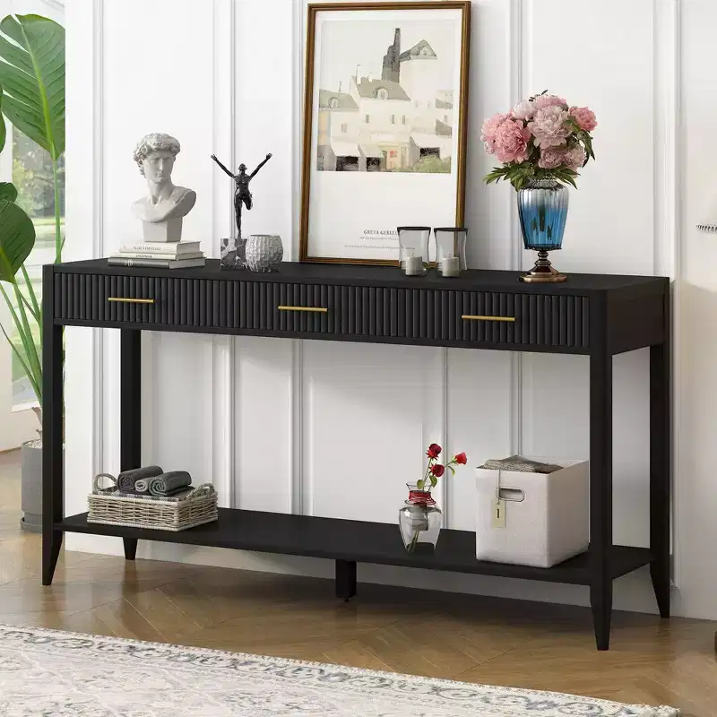 Okak 60IN Modern Narrow Console Table with Storage Shelf, Entry Table with 3 Drawers and Metal Handle, Accent Table for Living Room, Foyer, Black