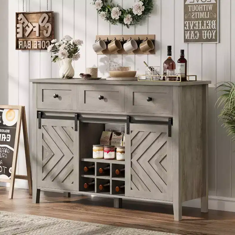 GustoWave 47.2 Farmhouse Sideboard, 33.4 High, with 3 Drawers, Adjustable Shelves and Removable Wine Rack