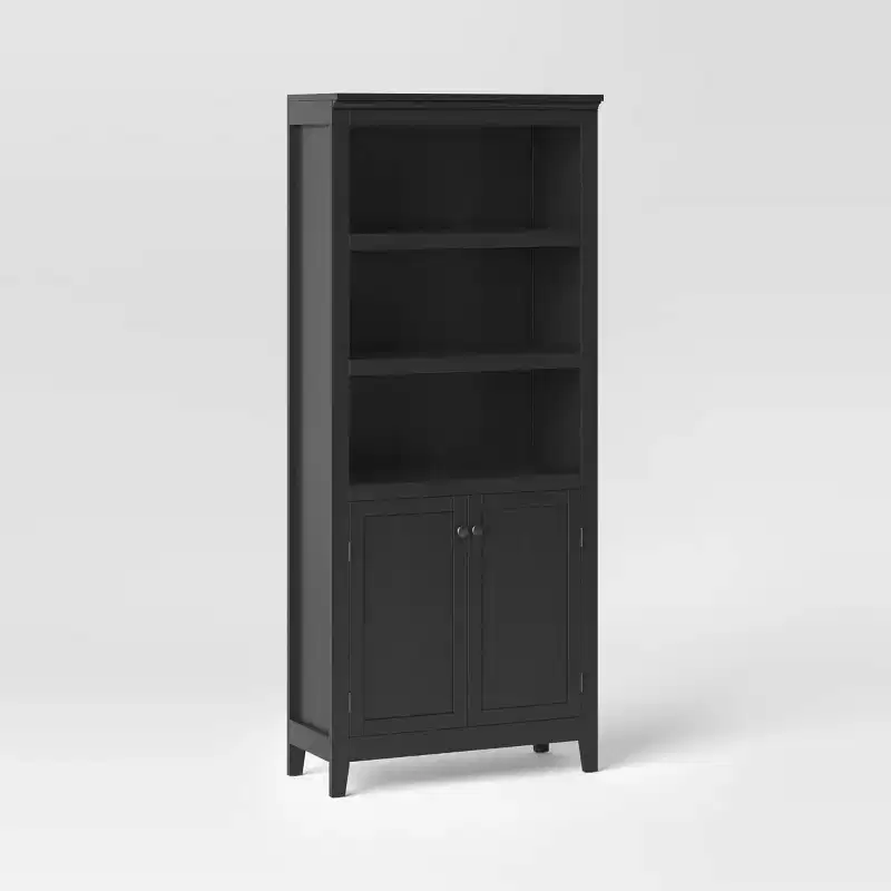 Black / White 5-Shelf Bookcase with Doors, 1-Person Assembly