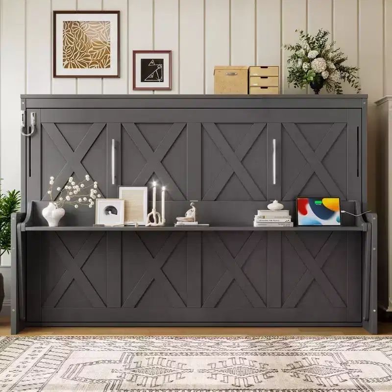 ModernLuxe Queen/Full Size Murphy Bed with Desk & LED Lights, Space-Saving Wall Bed Folding Bed with USB Charging Station