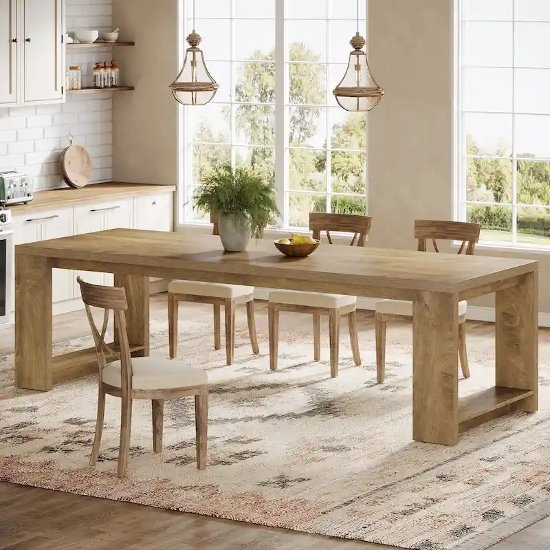 Farmhouse Wood Dining Table for 6-8 People - 86.61W Natural Wood Finish
