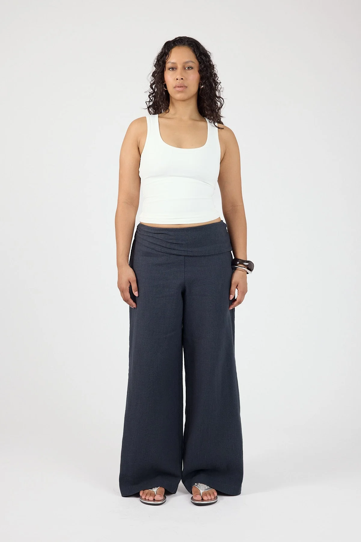 Linen Fold Over Pants Slate
