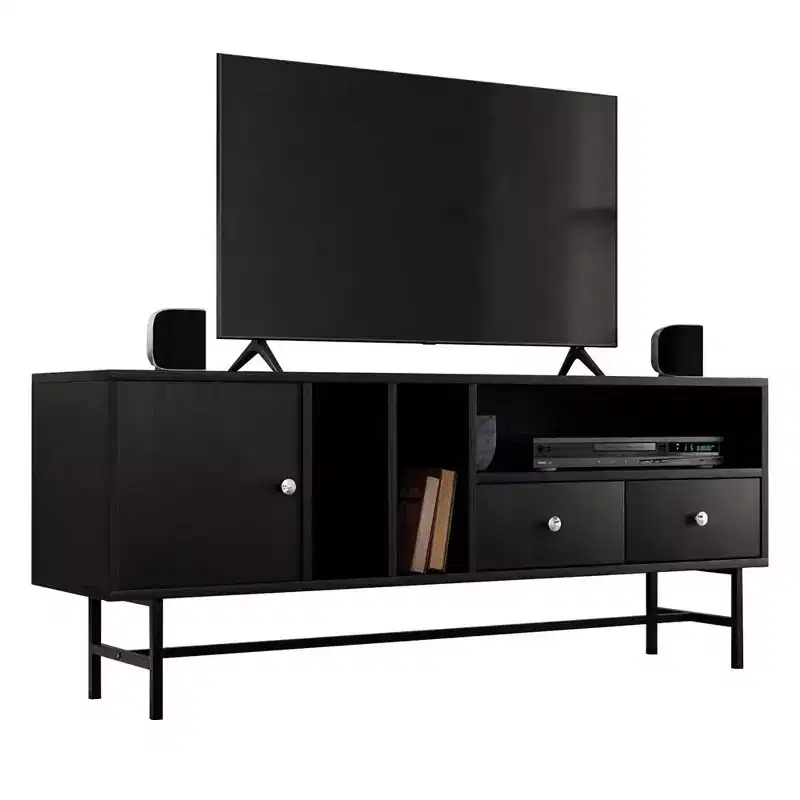 LeisureMod Rochester TV Stand with Wood Frame, Enclosed Storage, and Black Iron Legs  Media Console, Living Room, Modern Entertainment Center