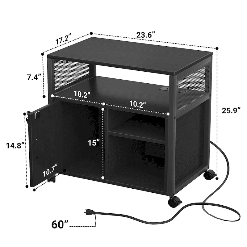 Rolling File Cabinet Lateral Office Filing Cabinets with Charging Station,Modern Printer Stand on Wheels