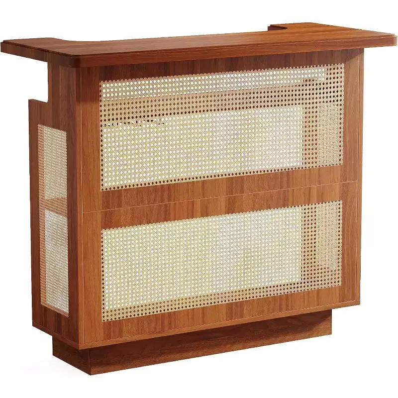 Rattan Home Bar Unit, Farmhouse 4-Tier Mini Bar Table With 4 Stemware Racks And Heightened Base, Liquor Bar Cabinet For Home Pub