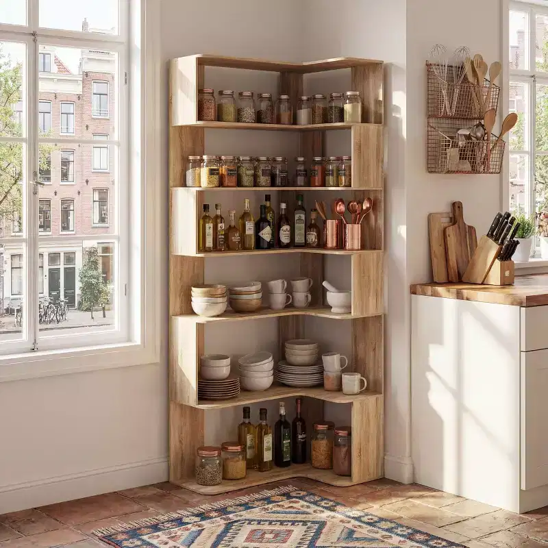Famapy Light Wood Interlocking 6-Tier Corner Bookshelf & Display Rack