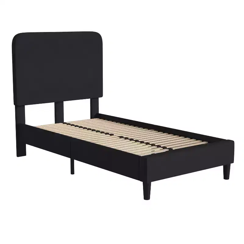 Emma and Oliver Pasithea Upholstered Platform Bed with Curved, Slim Panel Headboard and Wooden Support Slats