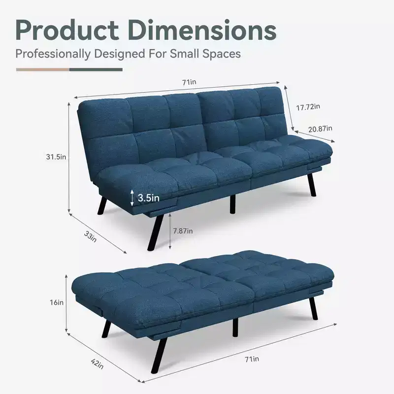 Dyonery 71 Modern Convertible Futon Sofa Bed, Linen Sleeper Couch with Removable Cushions, Adjustable Back & Armrests for Living Room