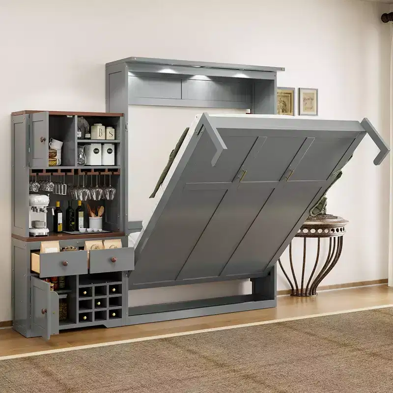 Murphy Bed with Storage Cabinet, Wine Rack, Drawers & Multi-Color LED Strip