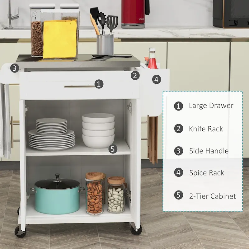 Kitchen Island on Wheels, Rolling Kitchen Cart with Stainless Steel Countertop, Drawer, Gray
