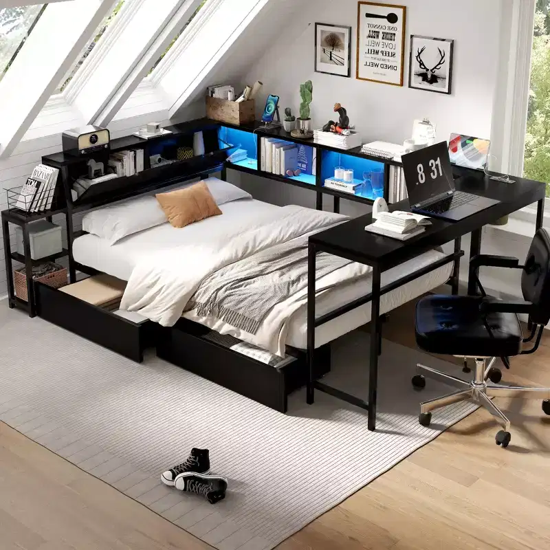 Full Size Corner Bed Frame with Bookcase, 2 Drawers, LED Light and Charging Station, Reversible Layout, Black